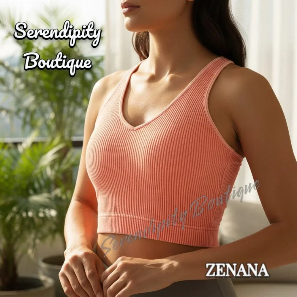 Zenana Soft Very Stretchy Coral Orange Mineral Wash V Neck Yoga Tank Bralette